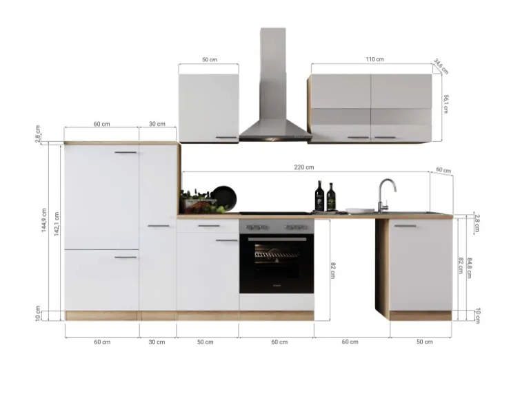 Respekta Küchenblock Merle 310 cm Eiche Grau mit Waschmaschinen-Nische