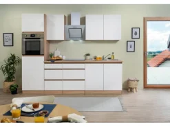 Respekta Küchenzeile GLRP270HESW Grifflos 270 cm Weiß Hochglanz-Sonoma Eiche