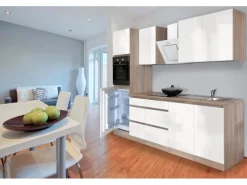 Respekta Küchenzeile GLRP270HESW Grifflos 270 cm Weiß Hochglanz-Sonoma Eiche