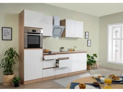 Respekta Küchenzeile GLRP270HESW Grifflos 270 cm Weiß Hochglanz-Sonoma Eiche