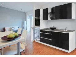 Respekta Küchenzeile GLRP270HWS Grifflos 270 cm Schwarz Hochglanz-Weiß