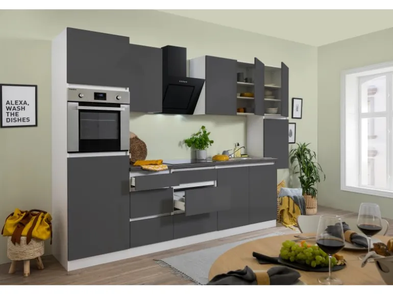 Respekta Küchenzeile GLRP320HWG Grifflos 320 cm Grau Hochglanz-Weiß