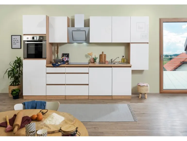Respekta Küchenzeile GLRP330HESW Grifflos 330 cm Weiß Hochglanz-Sonoma Eiche