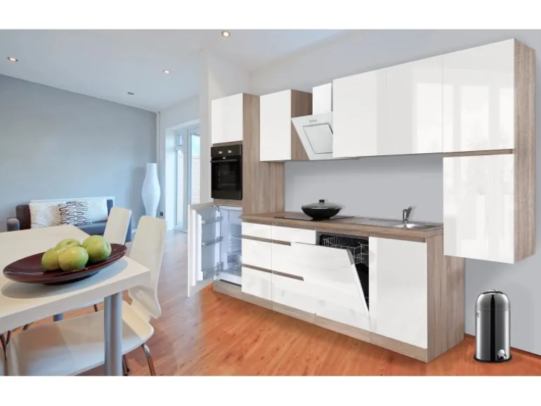 Respekta Küchenzeile GLRP330HESW Grifflos 330 cm Weiß Hochglanz-Sonoma Eiche