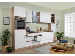 Respekta Küchenzeile GLRP330HESW Grifflos 330 cm Weiß Hochglanz-Sonoma Eiche