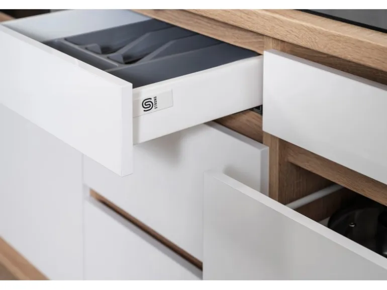 Respekta Küchenzeile GLRP330HESW Grifflos 330 cm Weiß Hochglanz-Sonoma Eiche