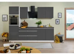 Respekta Küchenzeile GLRP270HWG Grifflos 270 cm Grau Hochglanz-Weiß