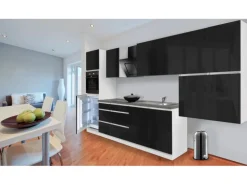 Respekta Küchenzeile GLRP370HWS Grifflos 370 cm Schwarz Hochglanz-Weiß