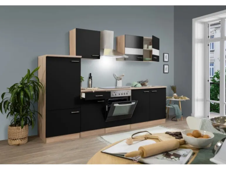 Respekta Küchenzeile KB270ESSC 270 cm Schwarz-Eiche Sägerau Nachbildung