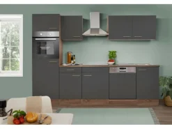 Respekta Küchenzeile KB280EYG 280 cm Grau Seidenglanz-Eiche York Nachbildung