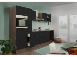 Respekta Küchenzeile KB300EYS 300 cm Schwarz Seidengl.-Eiche York Nachbildung