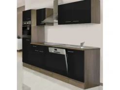 Respekta Küchenzeile KB280EYS 280 cm Schwarz Seidenglanz-Eiche York Nachbildung