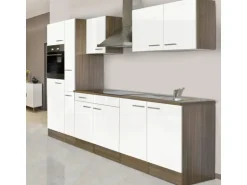 Respekta Küchenzeile KB300EYW 300 cm Weiß Seidenglanz-Eiche York Nachbildung