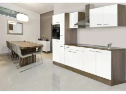 Respekta Küchenzeile KB300EYW 300 cm Weiß Seidenglanz-Eiche York Nachbildung