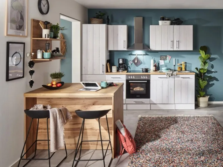 Respekta Landhaus Küchenzeile Anton 280 cm mit Kücheninsel Lärche Weiß