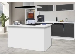 Respekta Premium Inselküche 280 cm Grau Hochglanz-Weiß