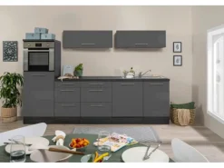 Respekta Premium Inselküche 280 cm Grau Hochglanz-Eiche Grau
