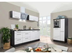 Respekta Premium Küchenzeile 310 cm Hochbau Weiß Hochglanz-Eiche Grau