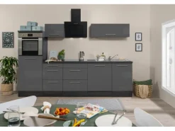 Respekta Premium Küchenzeile 280 cm Hochbau Grau Hochglanz-Eiche Grau