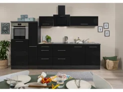 Respekta Premium Küchenzeile 300 cm Hochbau Schwarz Hochglanz-Eiche Grau