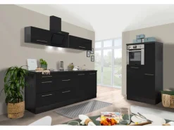 Respekta Premium Küchenzeile 300 cm Hochbau Schwarz Hochglanz-Eiche Grau