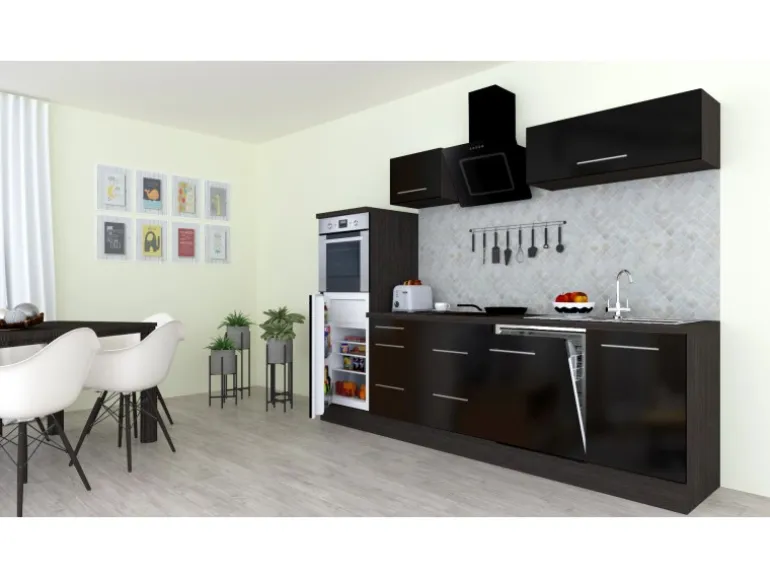 Respekta Premium Küchenzeile 280 cm Hochbau Schwarz Hochglanz-Eiche Grau