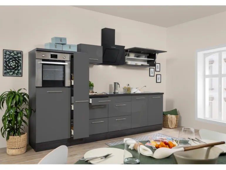 Respekta Premium Küchenzeile 300 cm Hochbau Grau Hochglanz-Eiche Grau