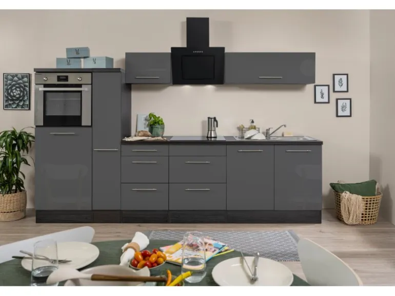 Respekta Premium Küchenzeile 300 cm Hochbau Grau Hochglanz-Eiche Grau