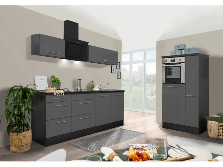 Respekta Premium Küchenzeile 300 cm Hochbau Grau Hochglanz-Eiche Grau