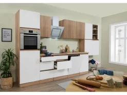 Respekta Premium Küchenzeile GLRP380HESWOES Grifflos 380 cm Weiß Eiche Säger. NB
