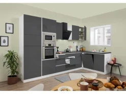 Respekta Premium Winkelküche Grifflos 345 cm Grau Hochglanz-Weiß