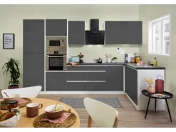 Respekta Premium Winkelküche Grifflos 345 cm Grau Hochglanz-Weiß
