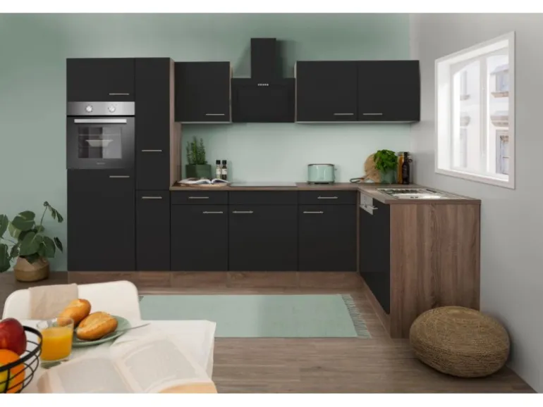 Respekta Winkelküche 310 cm Schwarz Seidenglanz-Eiche York Nachbildung