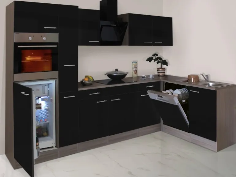 Respekta Winkelküche 310 cm Schwarz Seidenglanz-Eiche York Nachbildung