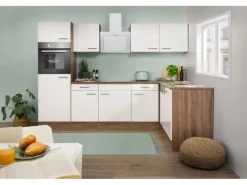 Respekta Winkelküche 280 cm Weiß Seidenglanz-Eiche York Nachbildung