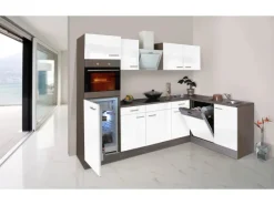 Respekta Winkelküche 280 cm Weiß Seidenglanz-Eiche York Nachbildung