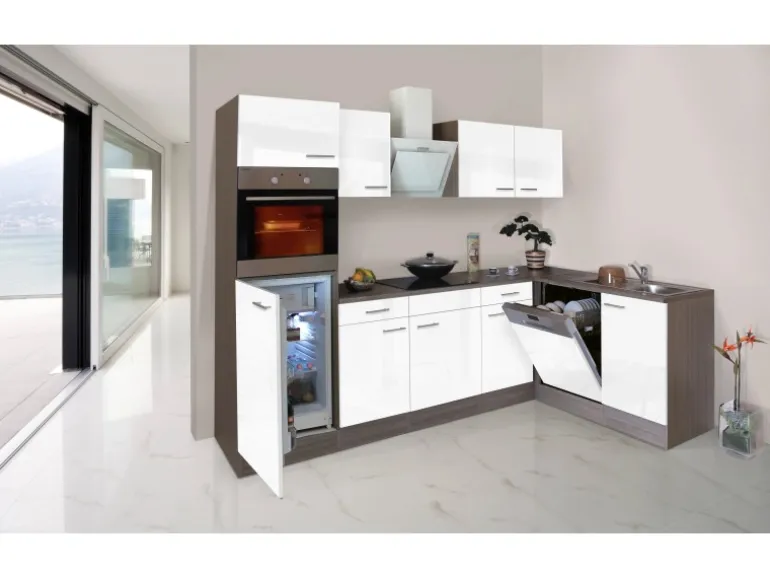 Respekta Winkelküche 280 cm Weiß Seidenglanz-Eiche York Nachbildung