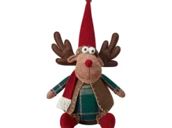Stoff-Rentier Sitzend Braun-Rot-Grün 25 cm x 17 cm x 40 cm