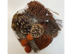 Tannenzapfen und Deko im Netz Orange