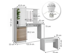 Vicco Frisierkommode Jasmin Weiß 123 cm mit LED-Beleuchtung und Bank