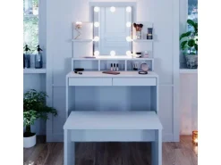 Vicco Schminktisch Ania Weiß 80 cm mit LED Beleuchtung und Bank