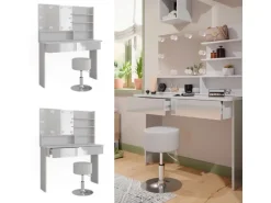 Vicco Schminktisch Azur Weiß/Weiß Hochglanz 120 cm mit Spiegelregal Hocker & LED-Beleuchtung