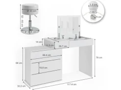 Vicco Schminktisch Lotos Weiß 117.4 cm mit LED Beleuchtung und Hocker