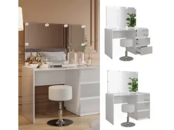Vicco Schminktisch Marla Weiß Hochglanz 120 cm mit Spiegel Hocker LED-Lichterkette