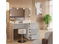 Vicco Schminktisch Marla Weiß Hochglanz 120 cm mit Spiegel Hocker LED-Lichterkette