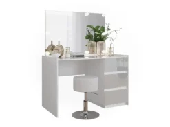 Vicco Schminktisch Marla Weiß Hochglanz 120 cm mit Spiegel Hocker LED-Lichterkette