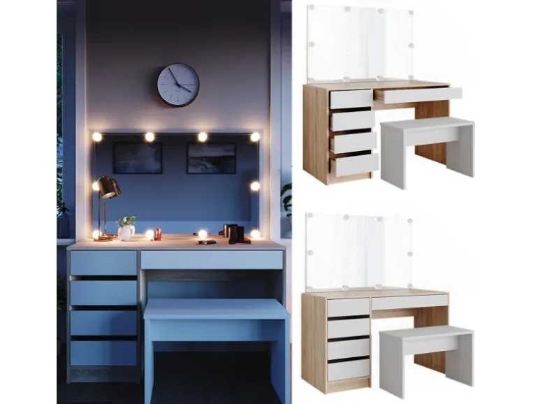 Vicco Schminktisch Sherry Weiß/Sonoma/Sonoma 55 cm mit LED Beleuchtung und Bank