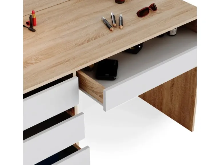 Vicco Schminktisch Sherry Weiß/Sonoma/Sonoma 55 cm mit LED Beleuchtung und Bank