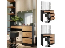 Vicco Schminktisch Sherry Anthrazit/Goldkraft Eiche 90 x 75 cm mit Spiegel LED-Beleuchtung & Hocker