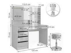 Vicco Schminktisch Sherry Weiß 55 cm mit LED Beleuchtung Hocker und Spiegelregal